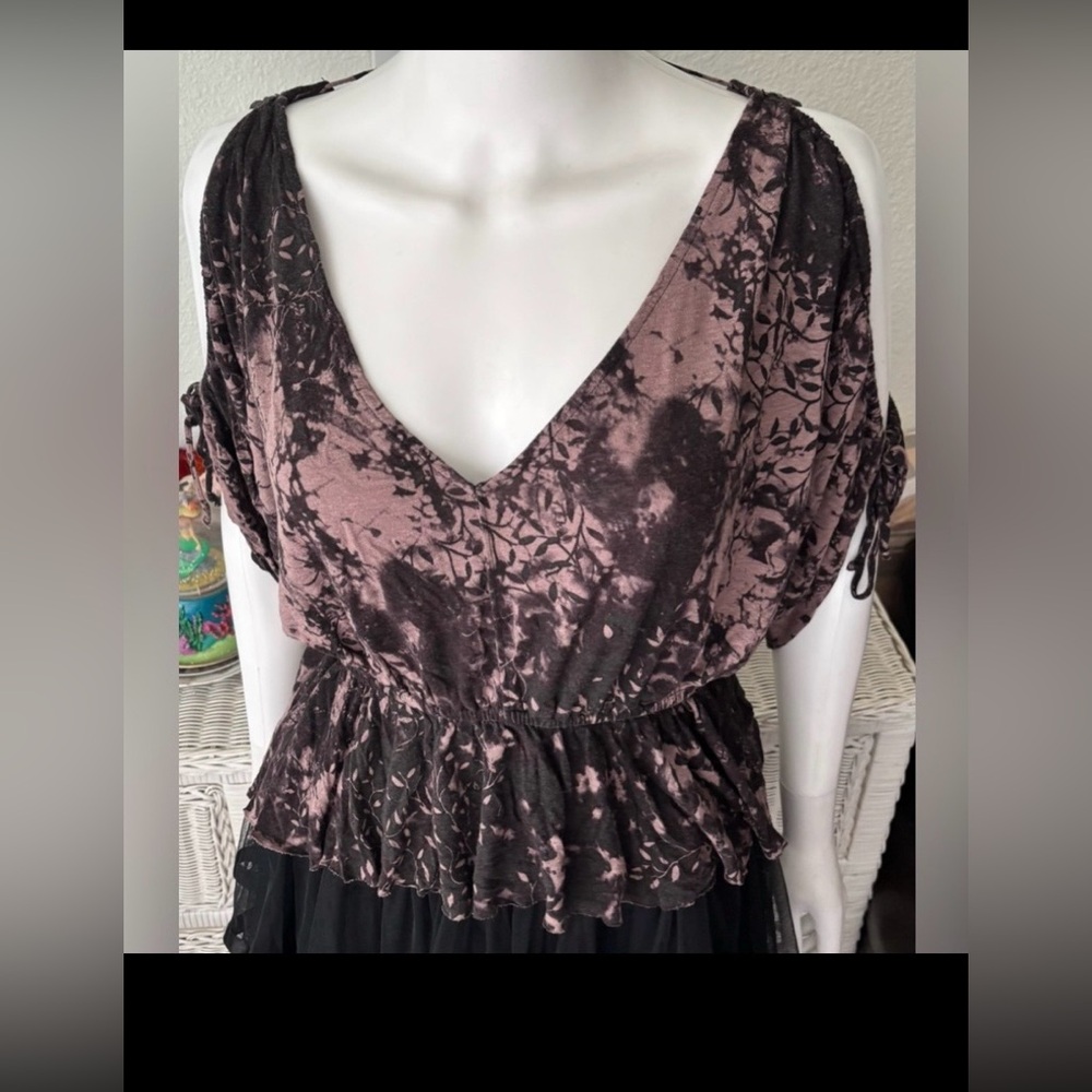 Free People Crop Top Tie Dye Dolman Sleeves Linen Rayon in Mauve Brown Size XS
